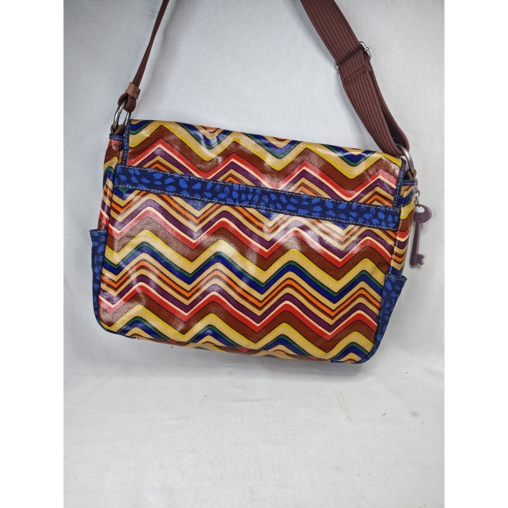 FOSSIL Keyper Flap Crossbody Messenger‎ Bag Stripe Blue Yellow Orange Brown New - Picture 2 of 13
